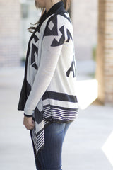 side view of the black and aztec cardigan
