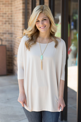beige 3/4 sleeve piko top