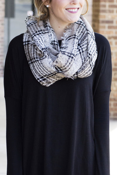 Frayed Plaid Infinity Scarf - Khaki