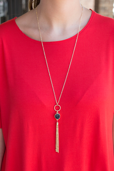 Druzy Tassel Necklace - Black