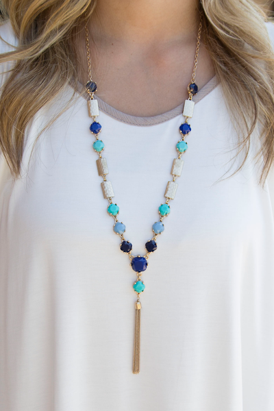 Gem Stone Tassel Necklace - Blue