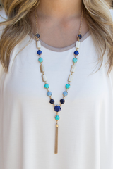 blue gemstone tassel necklace
