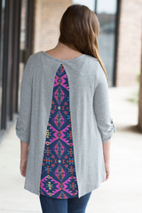 gray top with patterned back