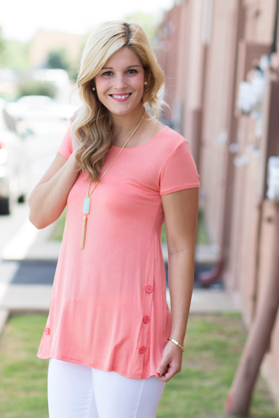 Coral Button Simple Tee