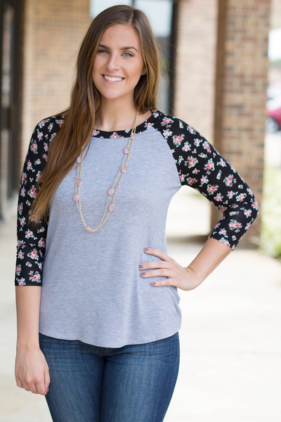 Floral Baseball Tee - Gray
