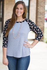 gray floral baseball tee