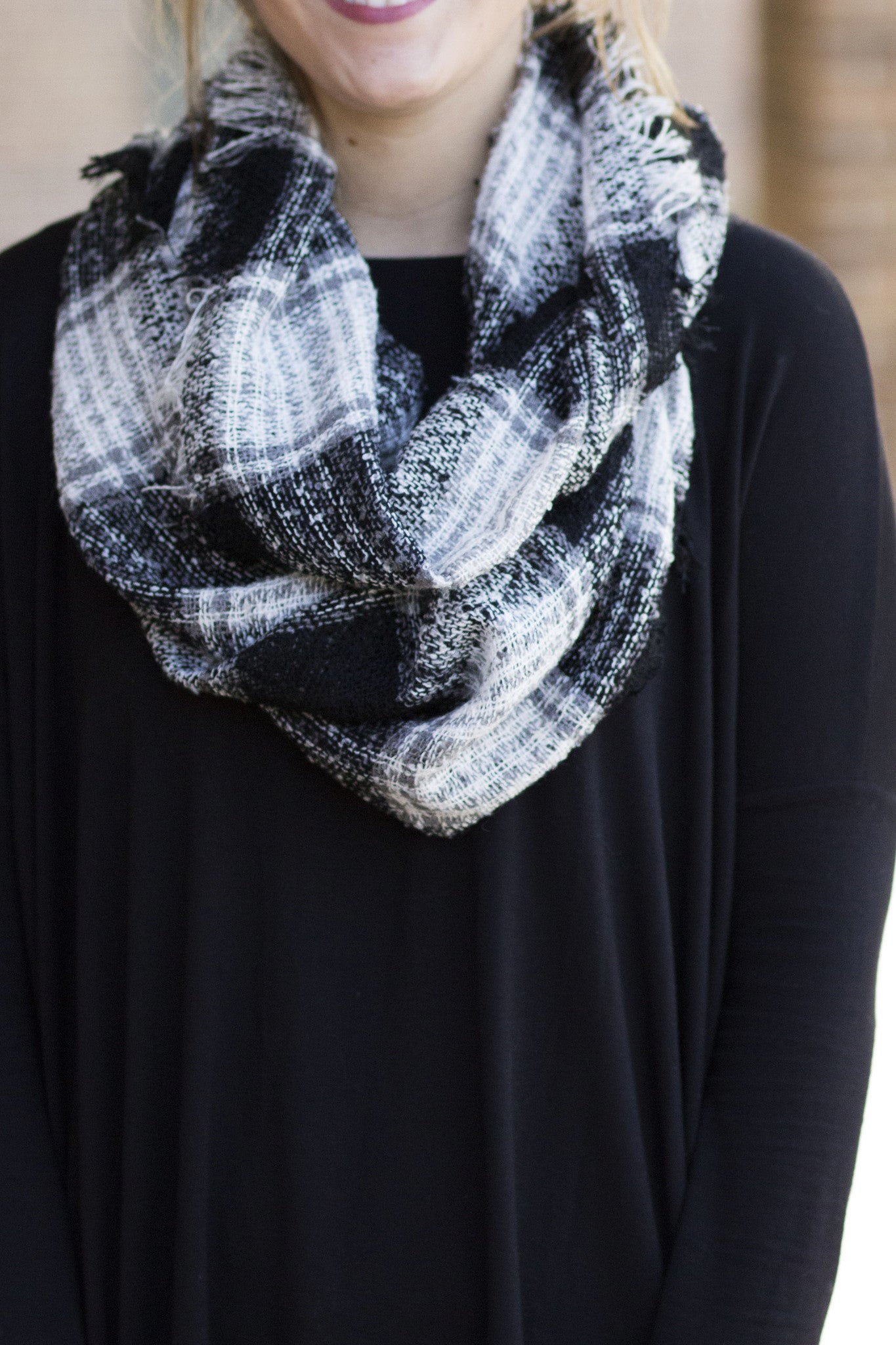 black plaid fringe infinity scarf