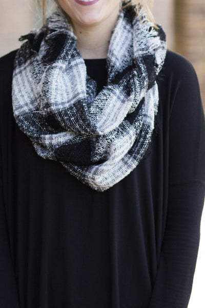 Frayed Plaid Infinity Scarf - Black