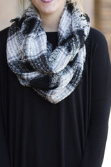 black plaid fringe infinity scarf