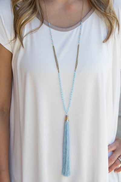 Colored Tassel Necklace - Light Blue
