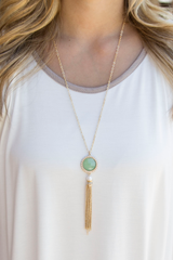Mint and pearl tassel necklace