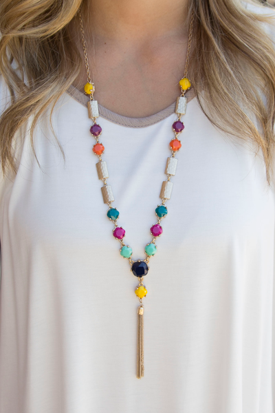 Gem Stone Tassel Necklace - Multi