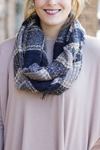 Frayed Plaid Infinity Scarf - Navy