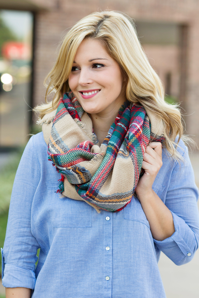 Plaid Blanket Scarf - Tan
