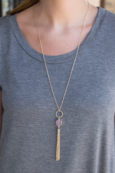 Druzy Tassel Necklace - Purple