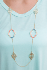 peach and teal quatrefoil necklace