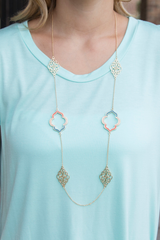 coral and teal quatrefoil necklace