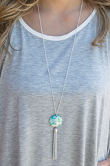 silver and turquoise speckled tassel necklace