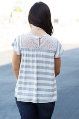 cute top with lace back and ruffle sleeve