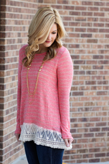 Coral striped lace top