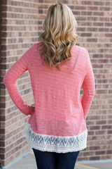 Coral striped top with lace