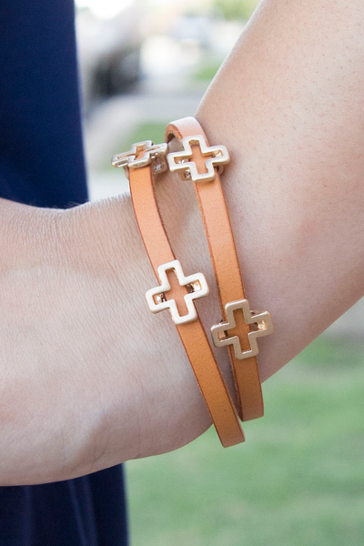 Leather Cross Bracelet - Tan