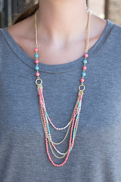 Beaded Layer Necklace - Pink